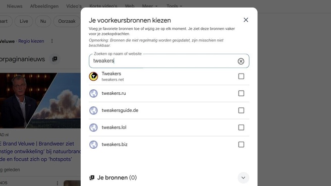 Google bronnen selecteren voorpaginanieuws
