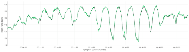 Harstlagtraces van de Pixel Watch 2 (groen) tegenover een ecg-borstband (zwart) tijdens een intervalrun
