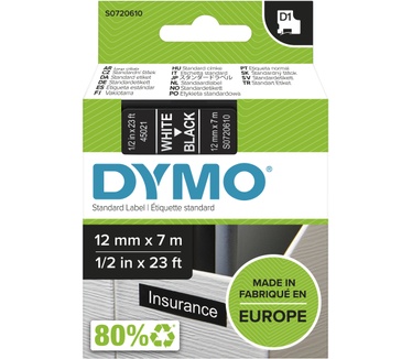 Dymo D1 -Standard Labels - White on Black - 12mm x 7m