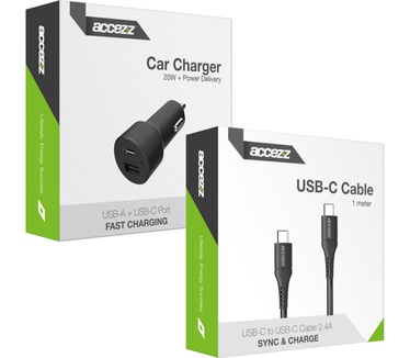 Accezz Car Charger met USB-C naar USB-C kabel - Autolader - 20 Watt - 1 meter - Zwart