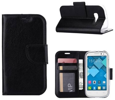 Luxe Lederen Bookcase hoesje voor de Alcatel One Touch Pop C5 - Zwart (Alcatel One Touch Pop C5) Zwart