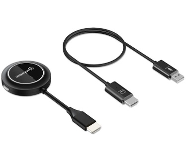 Manhattan Draadloze HDMI-presentatieset 1080p, 2-delige set met HDMI-ontvanger en HDMI-zender (dongle), voor draadloze videoweergave vanaf laptop, tablet of smartphone naar tv of HDMI-projector, zwart