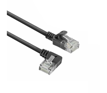 ACT Zwarte 3 meter U/UTP CAT6A LSZH slimline patchkabel met RJ45 connectoren, recht naar 90° haaks links