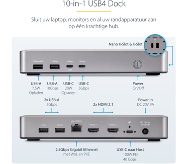 Startech.com USB4 Docking Station, USB-C 40Gbps, Dual HDMI Video, Tot 2x 4K 60Hz 4:4:4 (RGB) of 2x 4K 120Hz 4:2:2, Multi-Monitor Dock, 6x USB, 2.5GbE, 100W PD