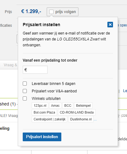 Winkels uitsluiten van Prijsalert