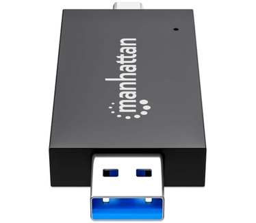 Manhattan USB-A/USB-C multiformaat kaartlezer/-schrijver, 5 Gbps (USB 3.0), male connector naar microSD- en SD/MMC-slots, mini-formaat, compatibel met Windows of Mac, zwart/transparant, 3 jaar garantie