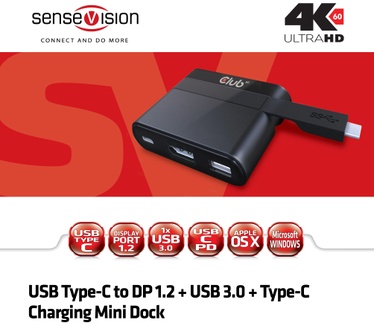 Club 3D Mini Docking USB C to Displayport1.2 + USB 3.0 + USB C for Charging