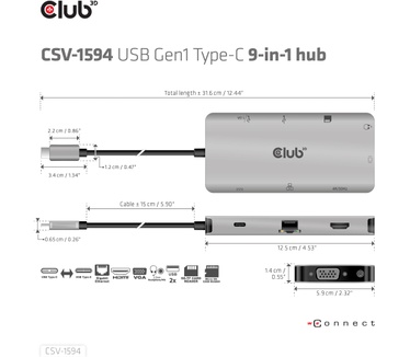 Club 3D USB Gen1 Type-C 9-in-1 hub with HDMI, VGA, 2x USB Gen1 Type-A, RJ45, SD/Micro SD card slots and USB Gen1 Type-C Female port