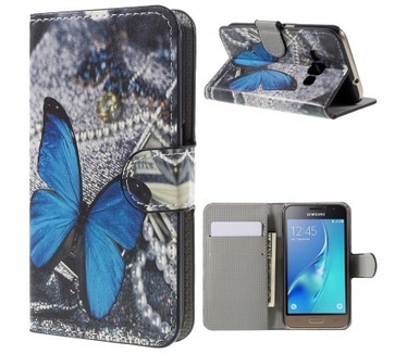 qMust Samsung Galaxy J1 (2016) Wallet Case - hoesje met stand - Blue Butterfly