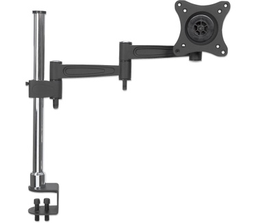 Manhattan Monitor Desk Mount (clamp), 1 screen, 10-27", Vesa 75x75 to 100x100mm, 3 pivots, Height 0-40cm, Max 15kg, Black/Silver Pole