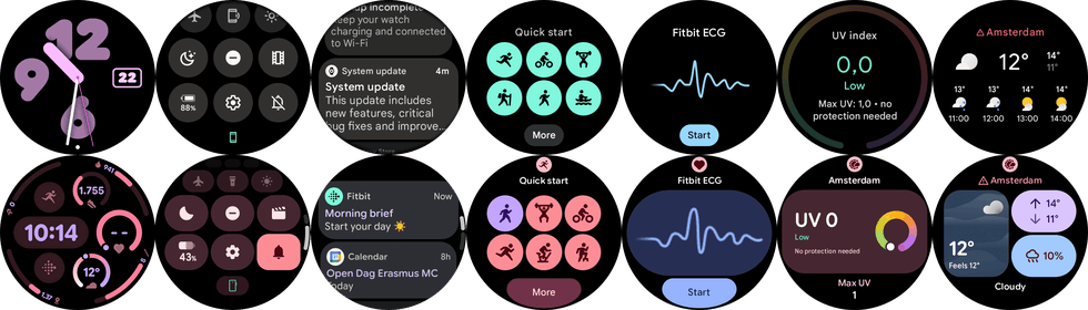 Wear OS 5 (boven) en Wear OS 6 op Google Pixel Watches