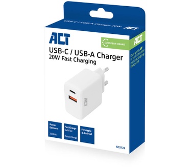 ACT AC2122 USB-C & USB-A lader 20W met Power Delivery PPS, Quick Charge, GaNFast