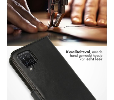 Selencia Echt Lederen Bookcase Samsung Galaxy A12 - Zwart