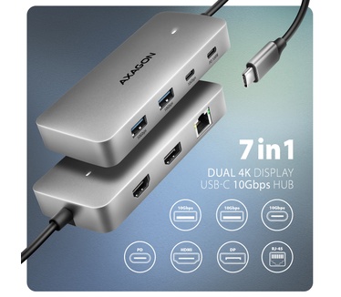 Axagon HUB USB HMC-CUB83X2, USB 10Gbps hub, 2x USB-A, USB-C, HDMI & DP 4k/144Hz, RJ-45 GLAN, PD 100W, kabel USB-C 15cm