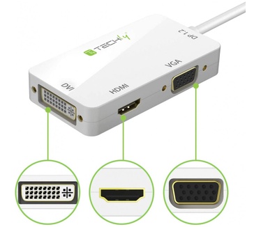 Techly Adapter 3 in 1 Mini DisplayPort (Thunderbolt) to HDMI / DVI / VGA IADAP MDP-COMBOF12 Wit