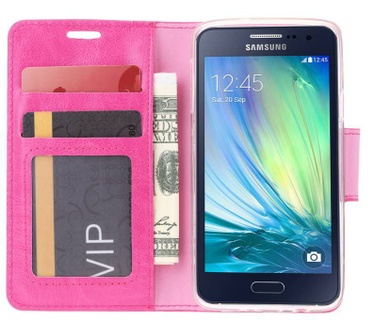 Luxe Lederen Bookcase hoesje voor de Samsung Galaxy A3 - Roze (Samsung Galaxy A3) Roze
