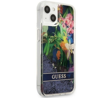 Guess Flower Liquid Glitter Case - iPhone 13 Mini (5.4") - Blauw Blauw