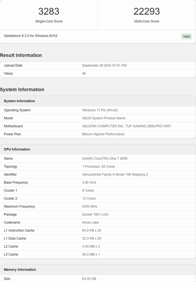Prestaties Intel Core Ultrea 7 265K in Geekbench 6 - Bron: Geekbench