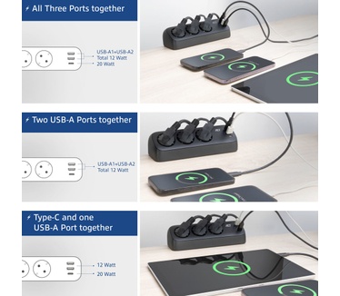 ACT Stekkerdoos met 3 type-F stopconten, 30W Power Delivery, USB Type-C/A poorten, kabellengte 1, Zwart