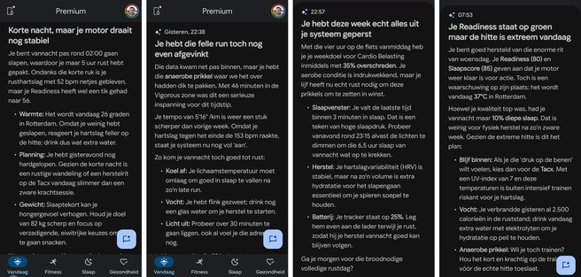 Verschillende analyses en tips die de AI-coach op het homescreen toonde tijdens mijn testperiode