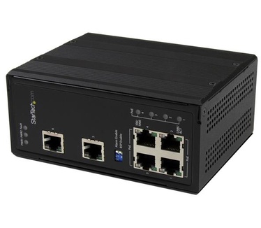Startech.com 6-poorts onbeheerde industriële gigabit Ethernet switch met 4 PoE+ poorten en spanningsregeling op een DIN-rail / wand monteerbaar