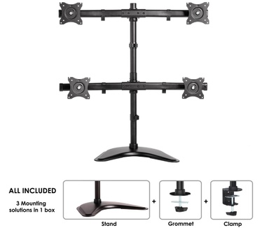 Newstar Tilt/Turn/Rotate Quad Desk Mount (stand, clamp & grommet) for four 10-27" Monitor Screens, Height Adjustable - Black