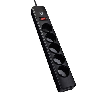 V7 5-Schuko Outlet Home/Office Surge Protector, 1.8m Cord, 1050 Joules, Black