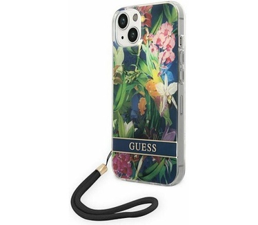 Guess Flower BackCase met Strap Apple iPhone 14 Plus (6.7") Blauw Blauw