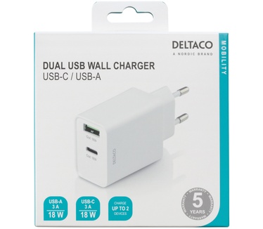 Deltaco Dual USB wall charger with PD, 1x USB-A, 1x USB-C Wit