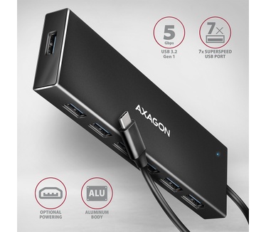 Axagon HUE-F7C 7x USB 3.2 Gen 1 ALU FLAT hub micro power IN 30cm USB-C