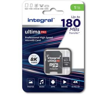 Integral INMSDX1TB-180/150V30 1TB MICRO SD CARD MICROSDXC UHS-1 U3 CL10 V30 A2 UP TO 180MBS READ 150MBS WRITE