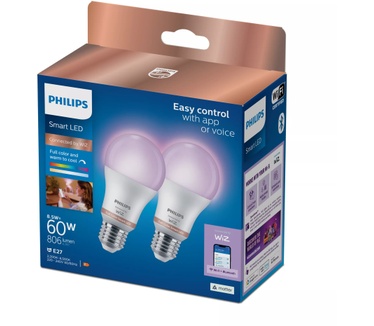 Philips Slimme LED RGB-lamp, A60, E27-fitting, 806 lm, 2-pack