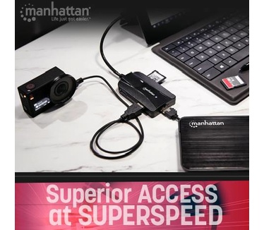 Manhattan USB 3.0 Hub and Card Reader/Writer, 3x USB 3.0 Ports, Supports MicroSD, SD and MMC Memory Cards, Bus Powered, Windows and Mac, Black, Blister