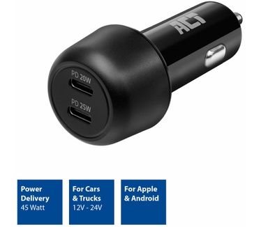 ACT AC2200 2-poorts USB-C Fast Charge Autolader 45W met Power Delivery