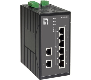 LevelOne 8-Port Fast Ethernet PoE Industrial Switch, 802.3af PoE, 4 PoE Outputs, DIN-Rail, 61.6W, -40°C to 85°C