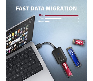 Axagon ADM2-AM USB-A 10Gbps - M.2 NVMe & SATA SSD adaptér, kabelis USB-A 10cm