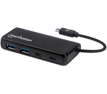 Manhattan USB-C Hub/Dock, USB-C to 2x USB-C and 2x USB-A ports, 5 Gbps (USB 3.2 Gen1), Bus Power, Cable 13.5cm, Black
