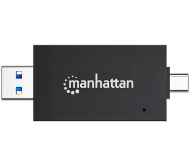 Manhattan USB-A/USB-C multiformaat kaartlezer/-schrijver, 5 Gbps (USB 3.0), male connector naar microSD- en SD/MMC-slots, mini-formaat, compatibel met Windows of Mac, zwart/transparant, 3 jaar garantie