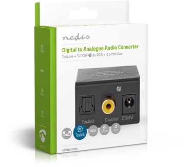 Nedis Digitale Audioconverter | 1-weg | Input: 1x Digital RCA / 1x TosLink | Output: 1x (2x RCA) / 1x 3,5mm | Automatisch | Geïntegreerde versterker | Zwart
