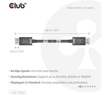 Club 3D DisplayPort™ 2.1 Bi-Directional VESA DP80 Certified Cable 4K120Hz, 8K60Hz or 10K60Hz M/M 1.6m/5.25ft