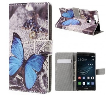 qMust Huawei P9 Wallet Case - hoesje met stand - Blue Butterfly