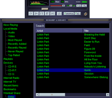 Wombat Share in actie met Winamp