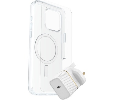 Otterbox Symmetry Series Clear for MagSafe + Premium Glass + Fast Charge Wall Charger USB-C 30W Type G voor Apple iPhone 16 Pro Max