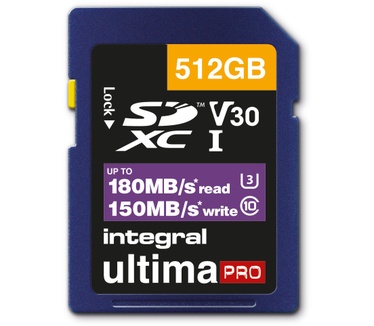 Integral INSDX512G-180/150V30 512GB SD CARD SDXC UHS-1 U3 CL10 V30 UP TO 180MBS READ 150MBS WRITE