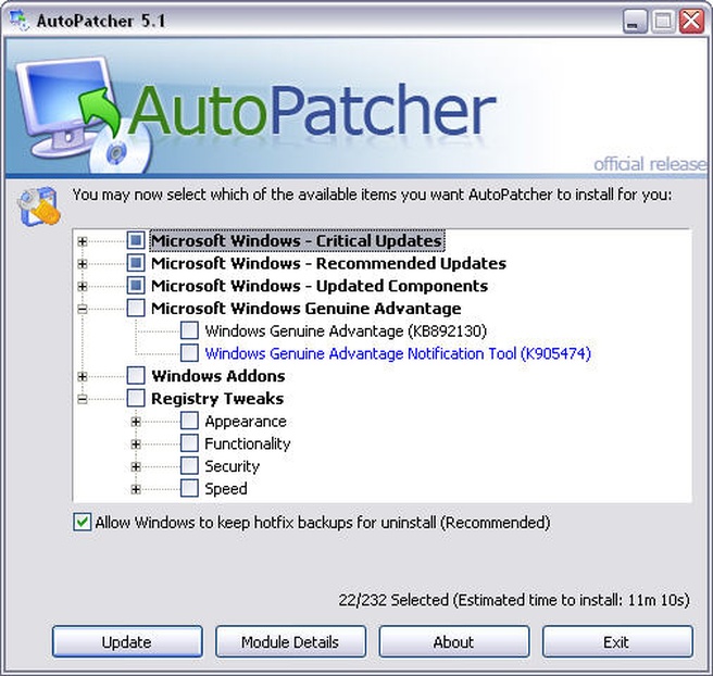AutoPatcher XP Kenmerken Tweakers
