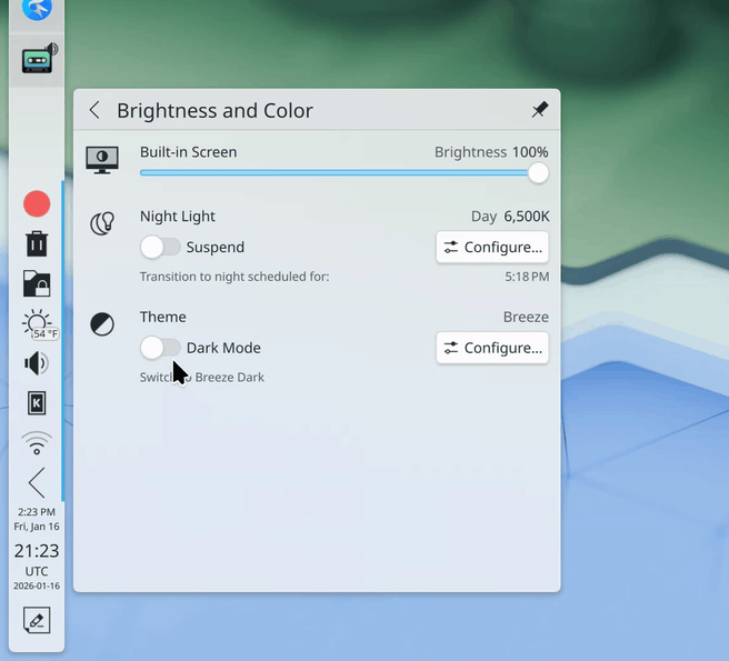 KDE Plasma dark mode schakelaar