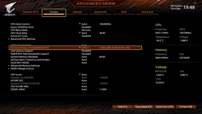 Inschakelen EXPO-profiel in bios van Gigabyte-moederbord. Screenshot: G.Skill