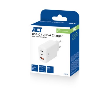 ACT USB-C/USB-A Charger 65W 3-port with Power Delivery PPS, QuickCharge and GanFast