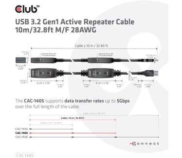 Club 3D USB 3.2 Gen1 Active Repeater Cable 10m / 32.8ft M/F 28AWG