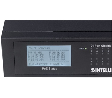 Intellinet 24-Port Gigabit Ethernet PoE+ Switch with 2 SFP Ports, LCD Display, IEEE 802.3at/af Power over Ethernet (PoE+/PoE) Compliant, 370 W, Endspan, 19" Rackmount (Euro 2-pin plug)